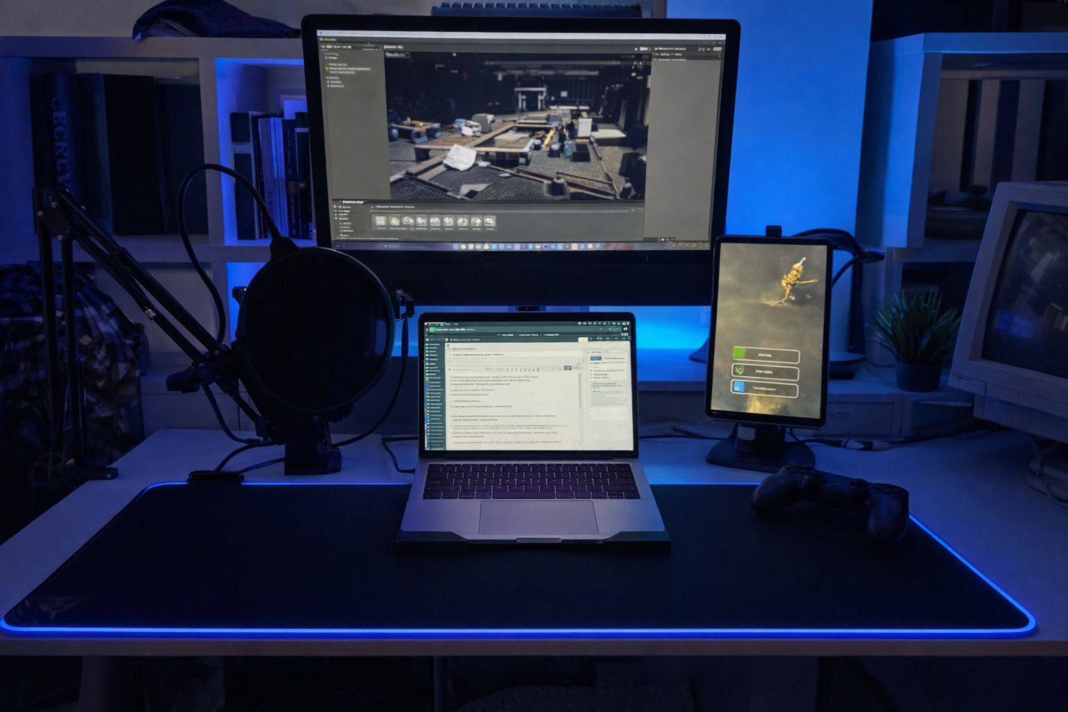 En professionell skrivbordsuppsättning för bloggare med laptop, monitor och mikrofon.