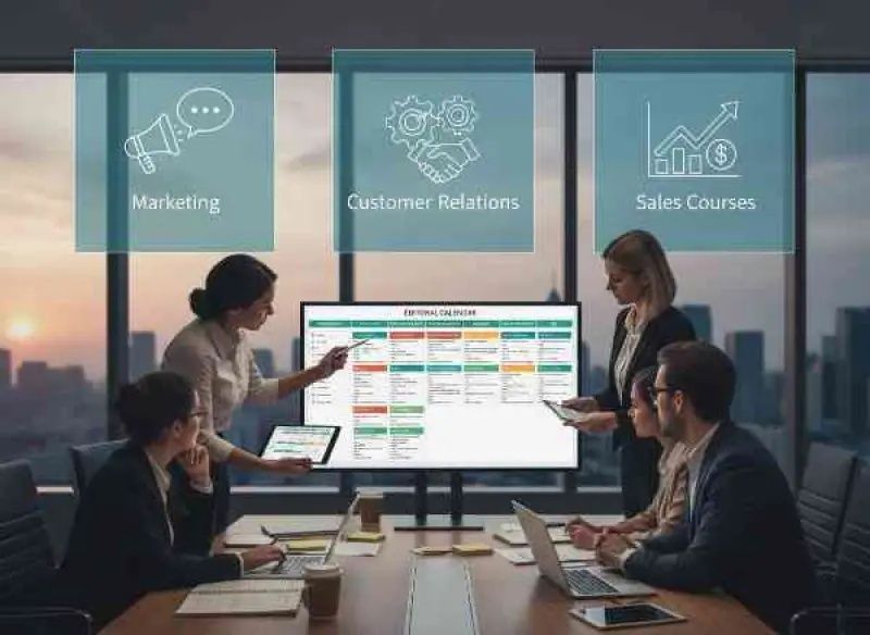 Arbetsgrupp planerar innehåll med kalender på en skärm