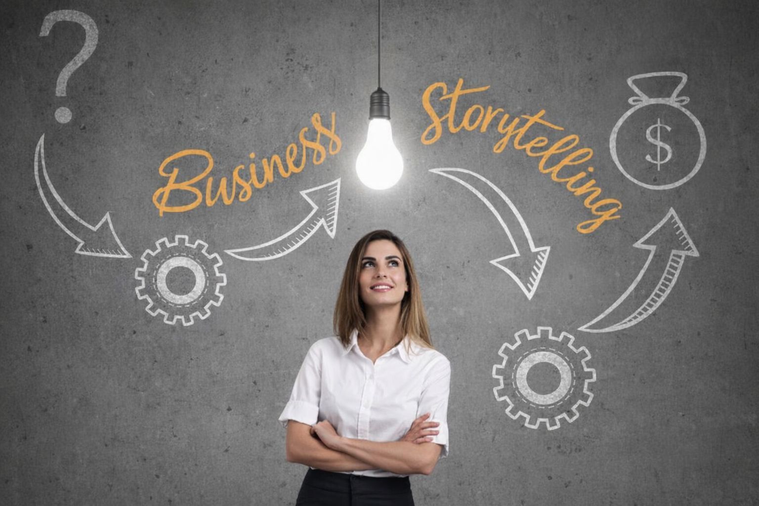 Kvinna framför en vägg med orden Business Storytelling och en glödlampa.
