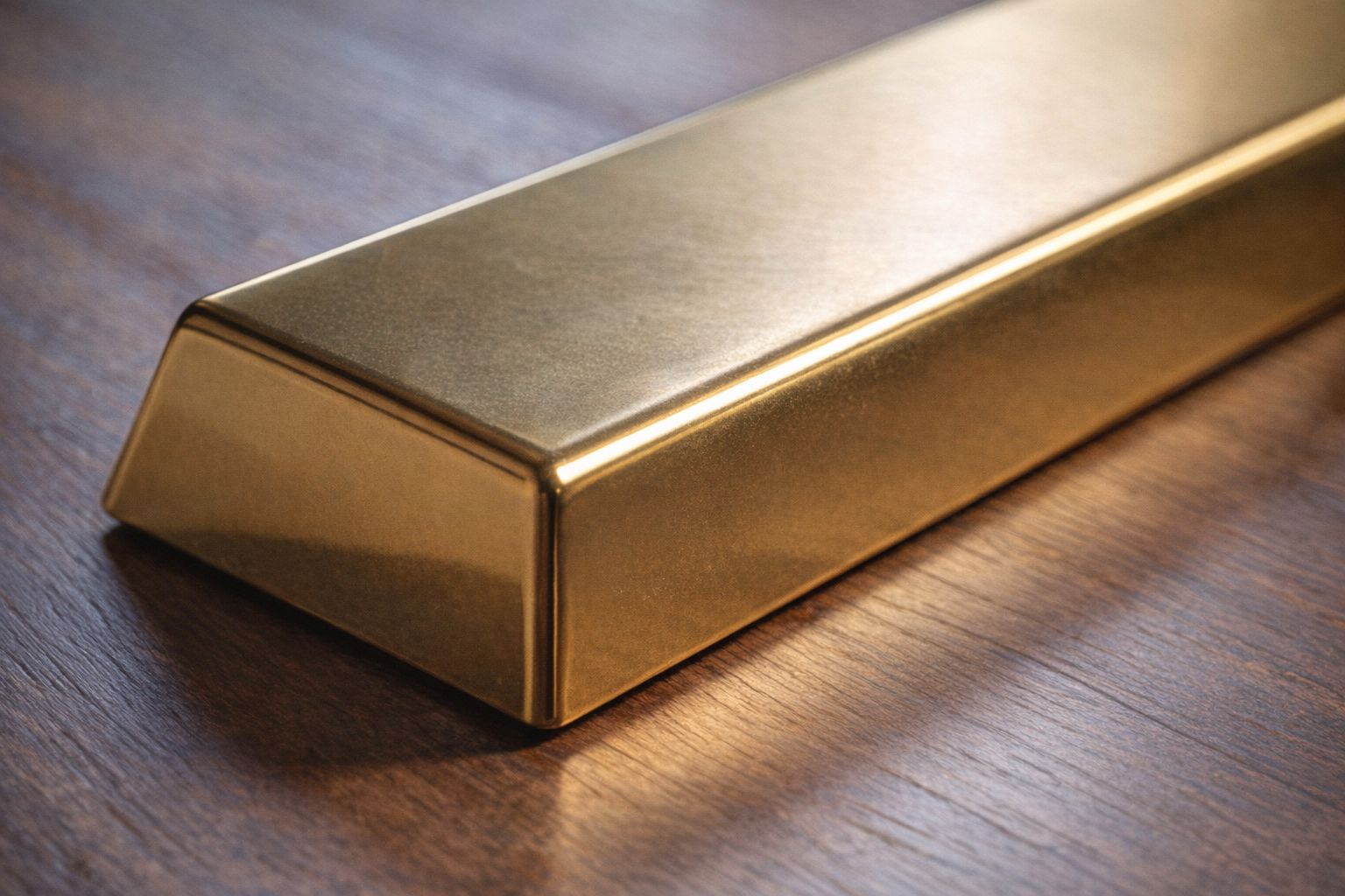 En glänsande guldtacka som vilar på en mörk träyta.