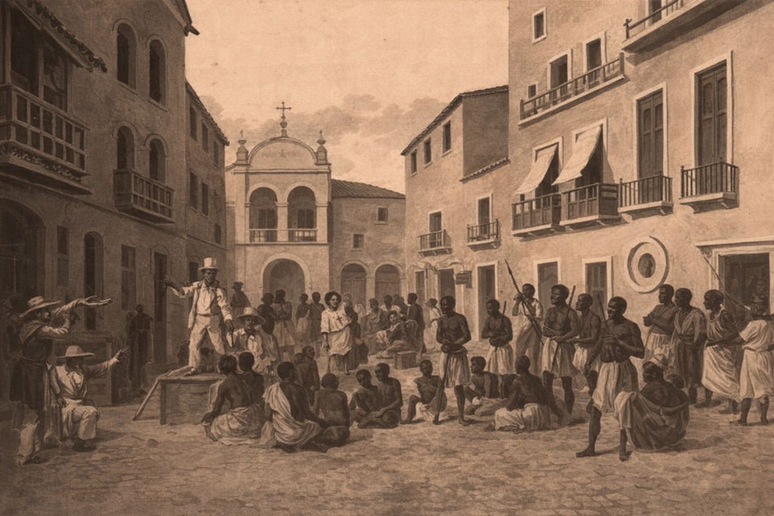 Historisk illustration av en utomhusauktion på ett torg.