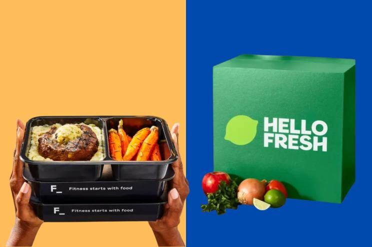 Matlådor med färdigmat och en grön HelloFresh-box mot färgstark bakgrund.